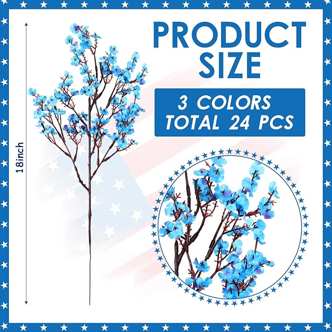 Lyrow 24 Pcs Red Blue White Patriotic Artificial Flowers 4th of July 250th Anniversary Table Centerpieces Decor Fake Babys Breath Pick Stems Floral Arrangement for Veterans Memorial Day Home Outdoor
