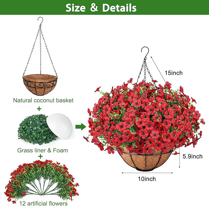 Ouddy Decor Artificial Hanging Flowers with Basket, Fake Hanging Plants with Faux Silk Flowers UV Resistant for Outdoors Indoors Spring Summer Porch Patio Balcony Yard Home Decorations, Red