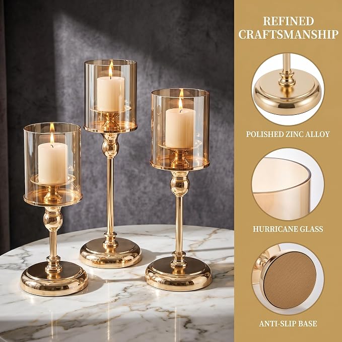 Gold Hurricane Candle Holders - Set of 6 Tall Candlestick Holders Windproof Taper Candle Holders, Metal Stand for Table Centerpiece Outdoor Indoor Wedding Party Holiday Decor