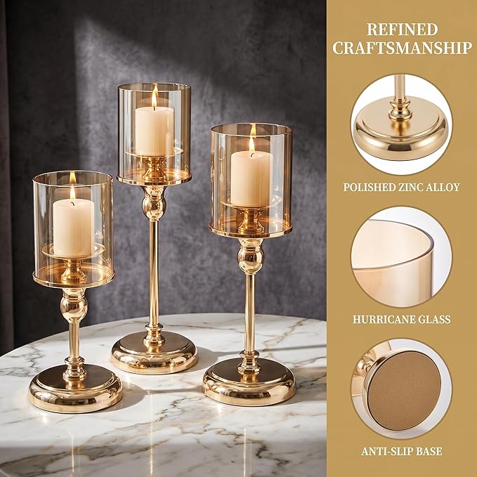 Gold Hurricane Candle Holders - Set of 3 Tall Candlestick Holders Windproof Taper Candle Holders, Metal Stand for Table Centerpiece Outdoor Indoor Wedding Party Holiday Decor