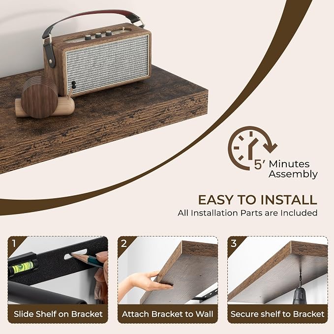 RICHFOCUS 40Inch Floating Shelves for Wall 2 Pack Shelves for Bedroom|Kitchen|Bathroom Wall Mounted Rustic Wood Floating Shelf with Invisible Brackets for Books|Storage|Decor, Rustic Brown