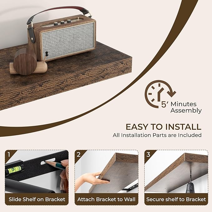 RICHFOCUS 8 Inch Floating Shelves for Wall Small Square Shelves Set for Bedroom|Kitchen|Bathroom|Wall Mounted Rustic Wood Floating Shelf with Invisible Brackets for Books|Storage|Decor, Rustic Brown