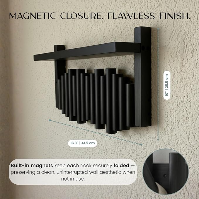 Bamboo Wall Mounted Coat Rack with Shelf Flip Down Wooden Hooks for Entryway Hallway Bedroom | Matte Black Piano Hanger, 5 Hooks, Space Saving Organizer
