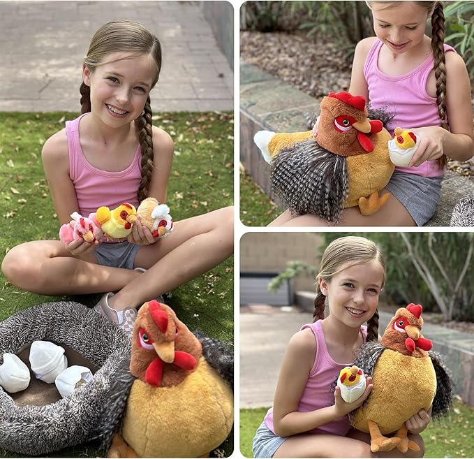 MaoGoLan 8Pcs Chicken Stuffed Animals, Stuffed Hen Plush Toys with Babies Chickens and Eggs, Nest House Plush Set, Cute and Soft Farm Stuffed Animals Gift for Kids