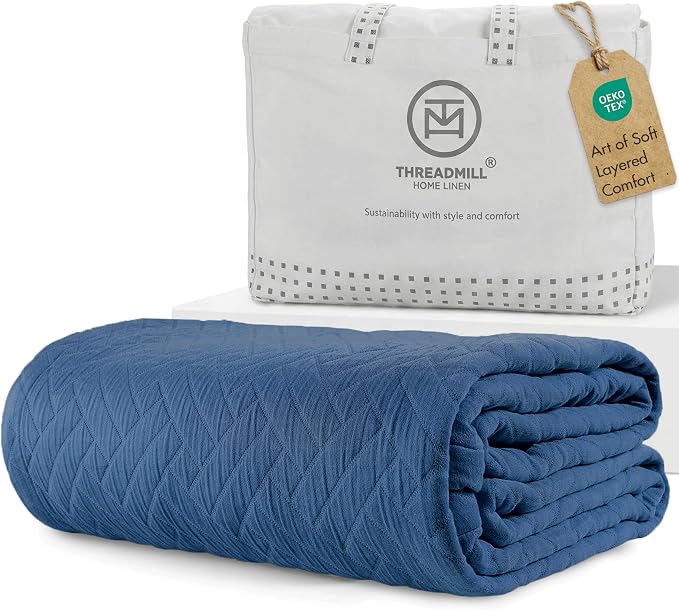 Threadmill Luxury Cotton Blankets for King Size Bed | All-Season Cozy 100% Cotton Blanket | Criss Cross Soft & Lightweight Coverlet fits California King Size Bed, 104x92 | Folkstone Blue