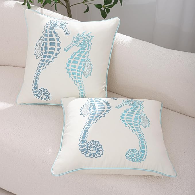 Blue Seahorse Pillow Covers 18x18 Pack of 2 Boho Embroidered Throw Pillow Covers Summer Cushions Cases Farmhouse Decor Square Pillowcases Spring Home Decor for Sofa Bed Living Room