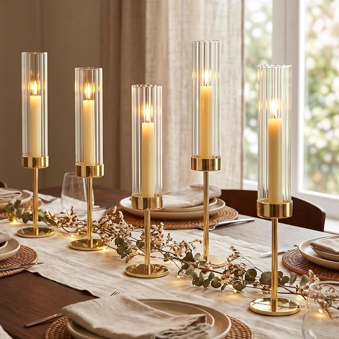 Gold Hurricane Taper Candle Holders,2 Sets(6 Pcs) Brass Tall Candlestick Holders with Ribbed Glass Cylinder, Table Centerpiece Decor for Wedding, Party, Halloween,Christmas & Home Decoration