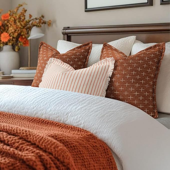 ZWJD Throw Pillow Covers 12x20 Set of 2 Striped Pillow Covers with Fringe Chic Cotton Decorative Pillows Square Cushion Covers for Sofa Couch Bed Living Room Farmhouse Decor, (Burnt Orange)