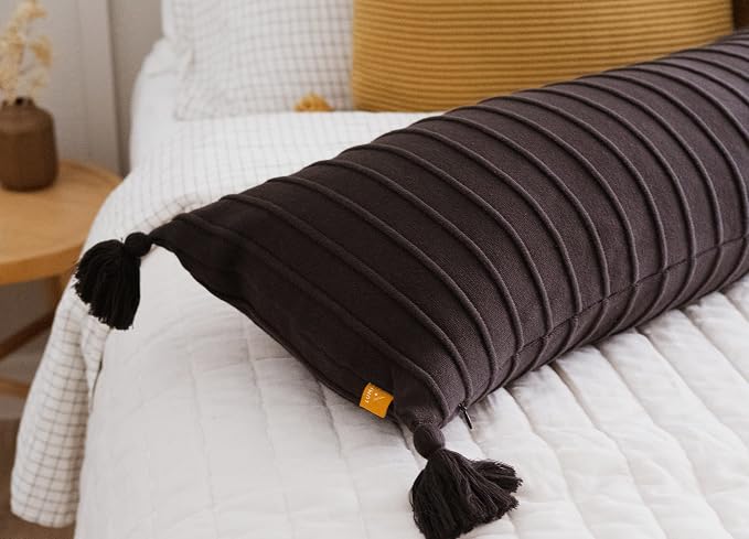 Long Knit Lumbar Pillow Cover – 14x36 Soft Ribbed Cotton with Tassels, Sleek Decorative Accent for Modern, Moody Spaces (Black)