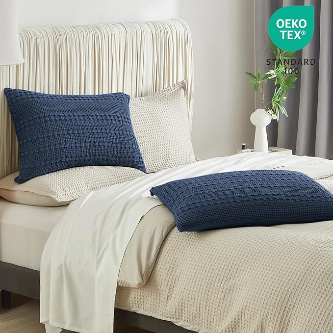 PHF 100% Cotton Waffle Pillow Shams Queen Size, 2 Pack 20" x 30" Soft Skin-Friendly Pillowcases, No Filling, Aesthetic Woven and Breathable Waffle Weave Pillow Case Covers for Bed, Blue Sapphire