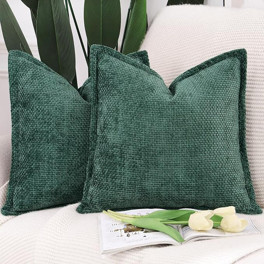 MADIZZ Decorative Chenille Velvet Throw Pillow Covers Set of 2 Soft Boho Textured Neutral Couch Throw Pillow for Bed Modern Farmhouse Home Decor for Sofa Livingroom Dark Green 16x16 Inch