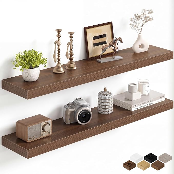Fun Memories 40Inch Floating Shelves for Wall, 8 Inch Deep Shelves for Bathroom|Bedroom|Kitchen, Large Wall Mounted Wood Hanging Shelf with Invisible Brackets for Home Storage Decor, Walnut - 2 Pack