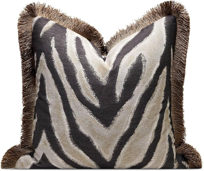 Designer Zebra Throw Pillow Cover with Brown Fringe, Luxury Zebra Pattern Jacquard Design Decorative Pillow Cover for Modern & Classic Home Decor,18x18 Inch (Single Pack)