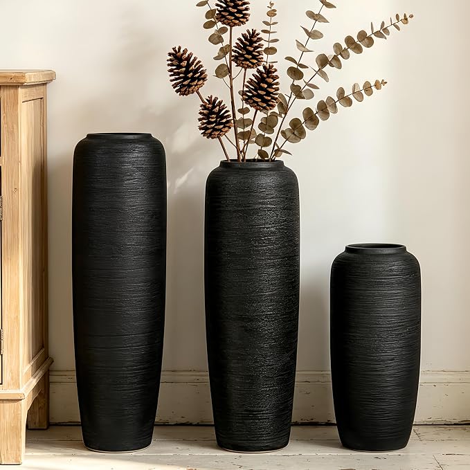 Black Rustic Ceramic Farmhouse Tall Floor Vase,15.7 Inch Vintage Large Vases Pottery Clay Terracotta Rustic Vase for Home Decor Living Room Entryway Table Centerpieces,Kitchen,Housewarming Gifts