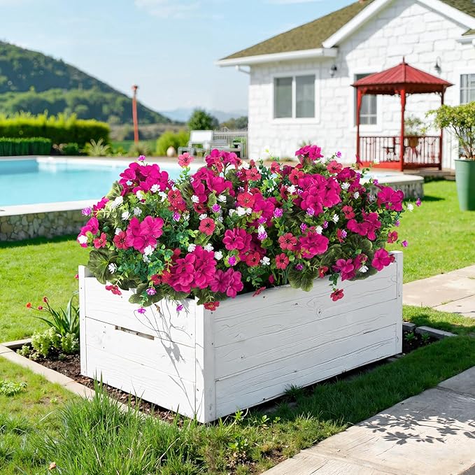 Ouddy Decor 18'' Artificial Geraniums Flowers for Outdoors, 10 Bundles Mixed Fake Silk Flowers Plastic Plants UV Resistant for Summer Garden Porch Patio Planter Home Decor, Fuchsia