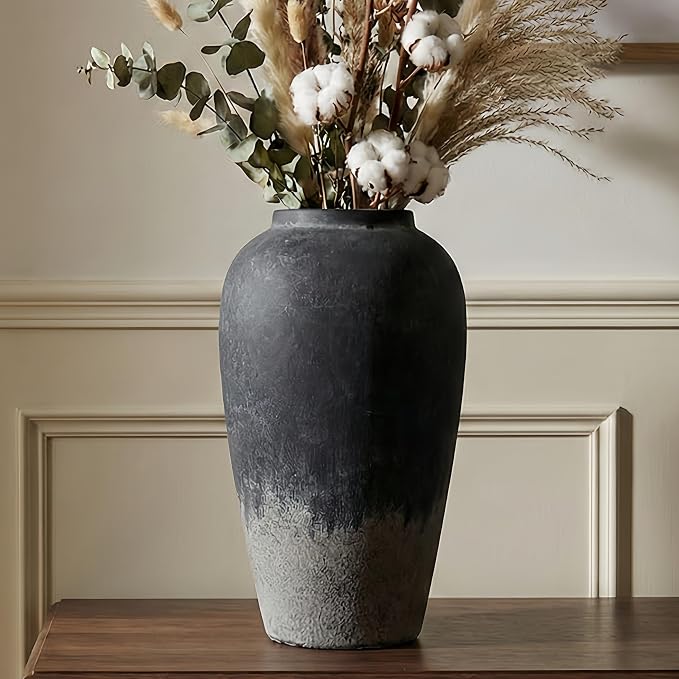 Ceramic Rustic Farmhouse Vase, 12 Inch Black Handmade Pottery Flower Vase for Home Decor, Rustic Living Room Decor, Wedding Gifts, Shelf & Table Decoration