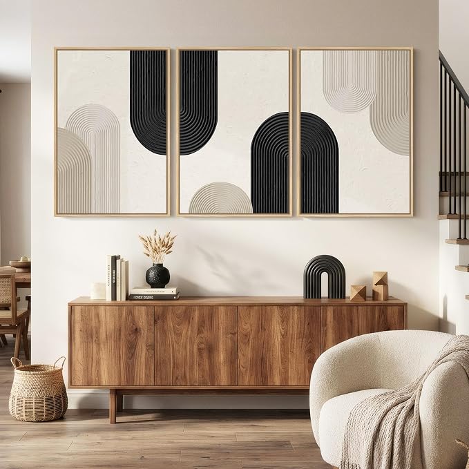 mxart Large Framed Boho Neutral Abstract Wall Art for Living Room, 3 Piece Black and Beige Canvas Prints Artwork for Walls, Modern Minimalist Boho Geometric Wall Art Decor for Hallway Dining Room, 24x36 In