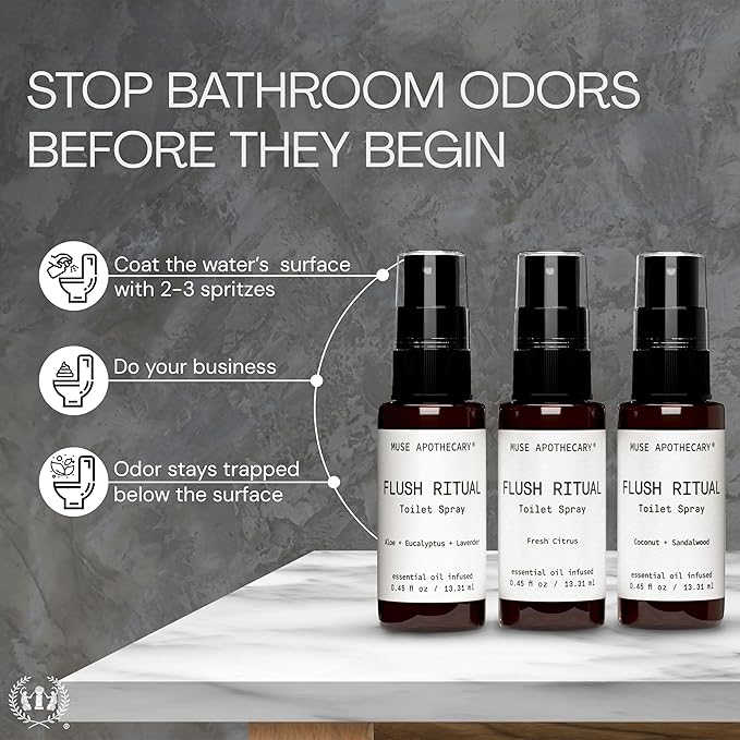 Muse Apothecary Flush Ritual - Aromatic & Refreshing Toilet Spray, Use Before You Go, Infused with Natural Essential Oils - Aloe + Eucalyptus + Lavender - Travel Size Mini Collection, 0.45 oz, 3 Pack