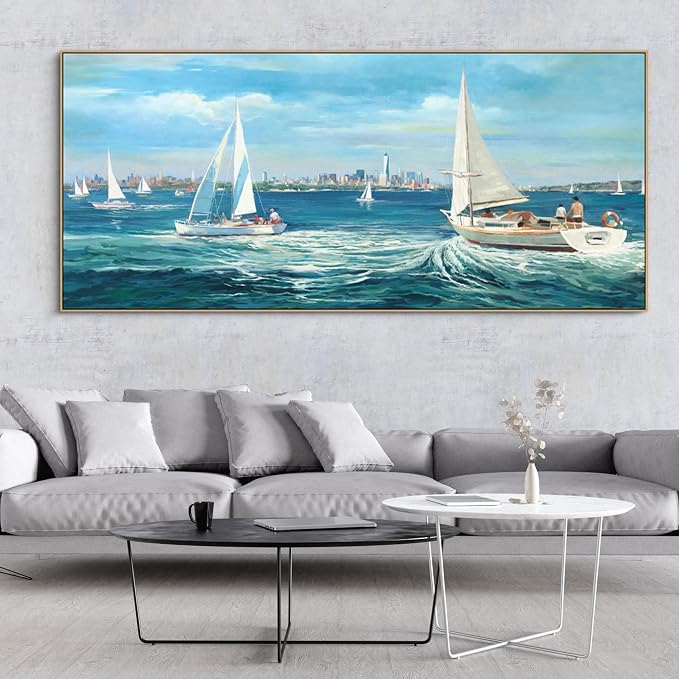 XLSJERST Coastal Paintings Framed Wall Art - Extra Large 70x31 Inches Landscape Modern Seascape Picture Sailboat Artwork for Living Room Bedroom Bathroom Office Home Wall Decor