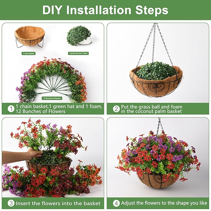 Artificial Flowers Fake Hanging Basket for Outdoor Spring Summer Decoration, 12 Bundles Faux Hanging Plants UV Resistant, Realistic Silk Flower for Outside Planters Porch Patio Balcony Yard Garden