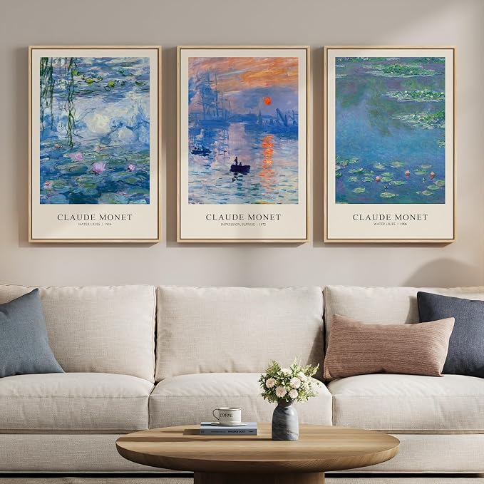 Framed Claude Monet Landscape Wall Art for Living Room, 3 Piece Impressionist Canvas Picture Artwork for Walls, Classic Blue Lake Water Lilies Prints Painting for Bedroom Dining Room Hallway, 16x24 In