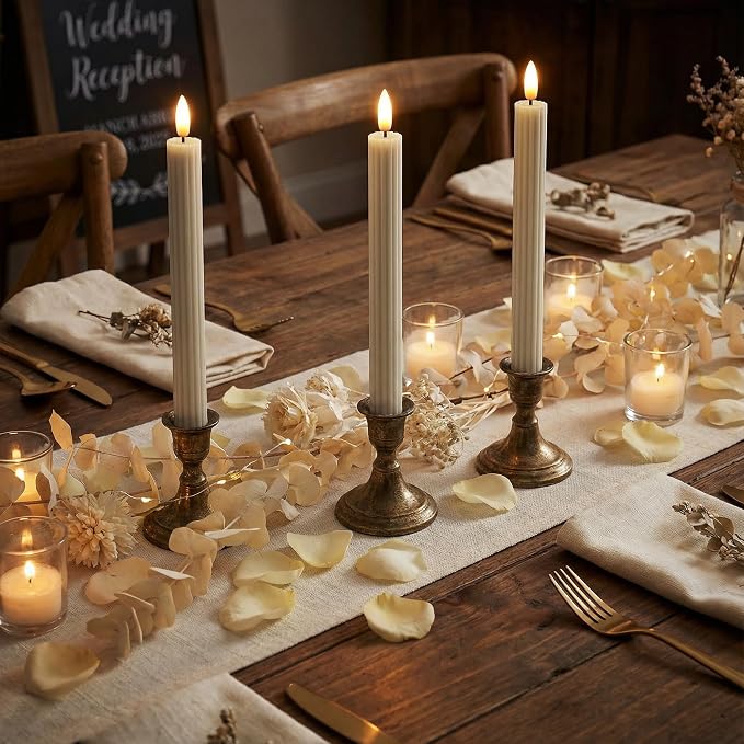6 Pack, 10" LED Flameless Real Wax Cream Beige Fluted Ribbed Grooved Taper Candles, Remote & 24h Timer Memory, On/Off Button, Dimmable, Flicker Mode, Battery Operated, Wedding