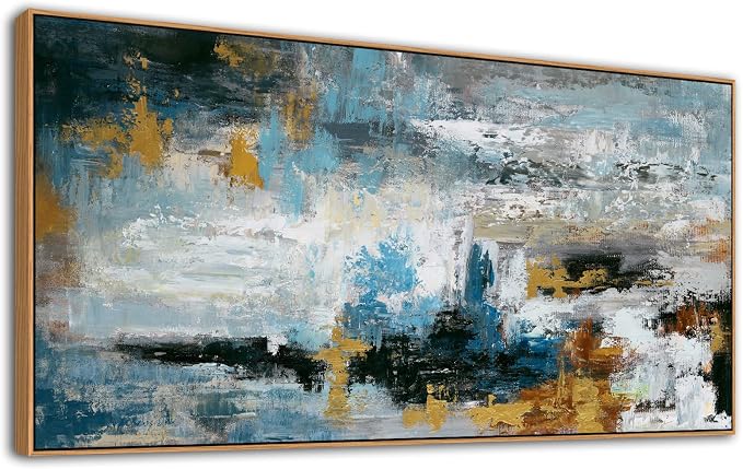 Framed Abstract Wall Art Large Canvas Picture Modern Blue Grey Brown Canvas Painting Artwork Abstract Canvas Prints Wall Decoration for Living Room Bedroom Office Home Wall Decor Ready to Hang 24x48in