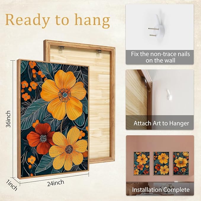 SIKERIC Vintage Orange Floral Wall Art Set of 3, Mid Century Flower Framed Canvas Art Painting, Modern Nature Botanical Art Prints, Boho Neutral Plant Wall Decor for Living Room, Bedroom, Office-24x36