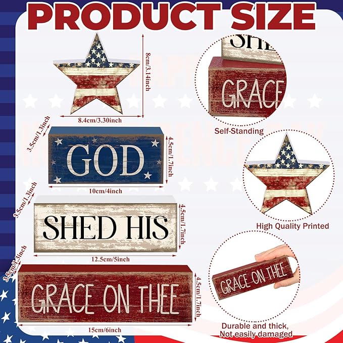 CroBlissful 4 Pcs 4th of July Decorations Patriotic Memorial Day Tabletop Decoration Red White Blue Table Centerpieces Sign for Office Tiered Tray Home Shelf 250th Anniversary(God Star)