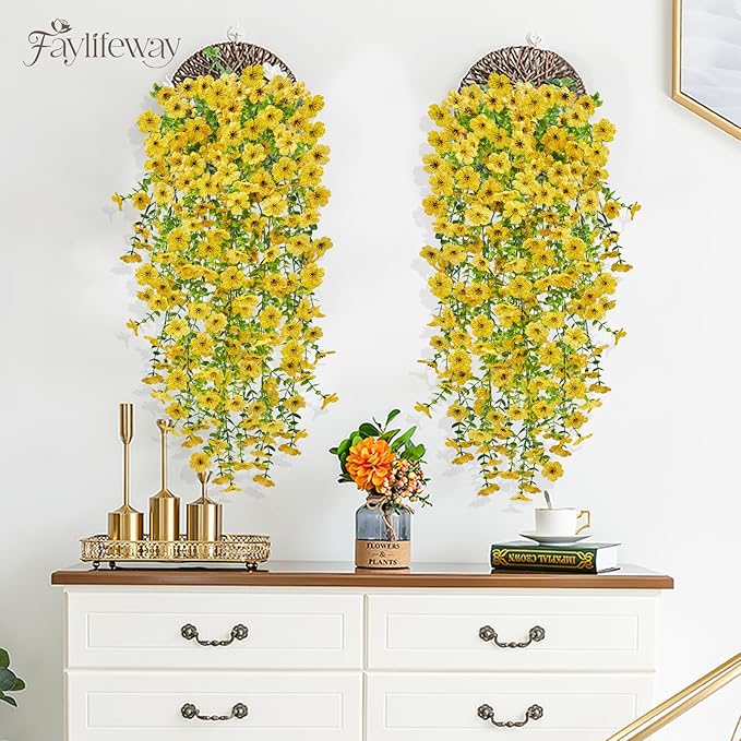 Artificial Hanging Flowers for Outdoors Spring Summer Decoration, 8PCS UV Resistant Silk Fake Hanging Plants for Patio Porch Front Yard Window Garden Indoor Decor(Yellow,8PCS)