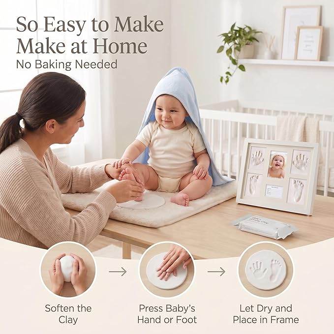 MICKYU Baby Handprint and Footprint Kit, Newborn Keepsake Wood Picture Frame with Air-Dry Clay, Nursery Decor, White, 13 x 11 Inch
