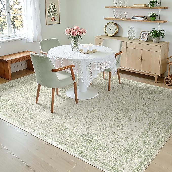 BILEEHOME Sage Green Rug for Bedroom,Boho Floral Print Washable Cottage Core 8x10 Area Rugs for Living Room,Light Green