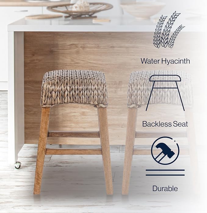 JONATHAN Y Maui Coastal Woven Water Hyacinth Counter Stool, Mango Wood Frame, 26" Backless Counter Stool for Kitchen Island with Integrated Footrest, Fully Assembled, Coastal, Brown Wash CSL1101A