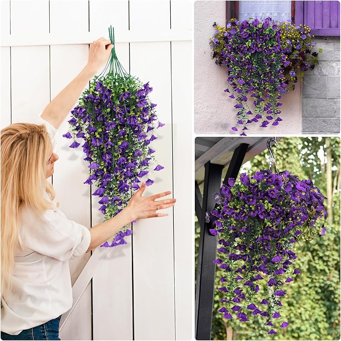 SJL Faux Hanging Plants Outdoor Flowers UV Resistant Fake Plants for Outside Fake Silk Colorful Morning Glory Artificial Eucalyptus Leaves for Arch Backyard Kitchen Spring Outside Decorations(Purple)