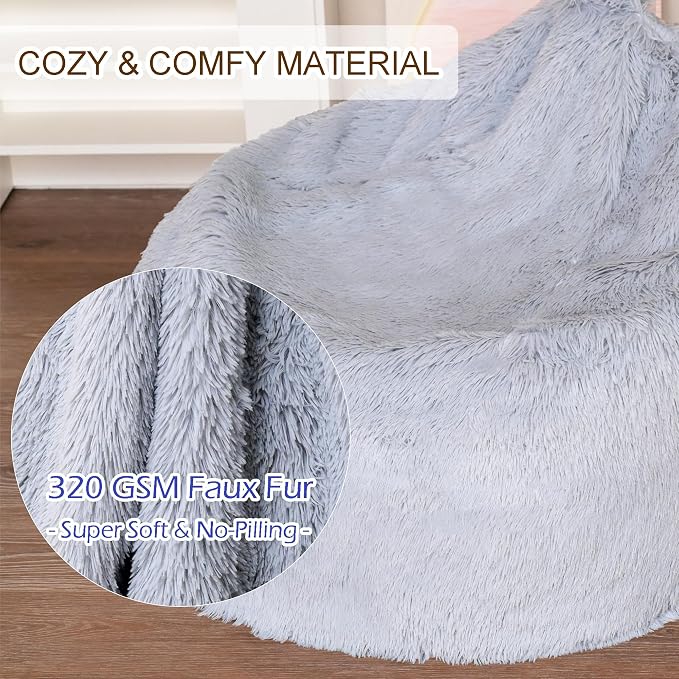 BCU Bean Bag Chair Cover Ultra Soft Fluffy Faux Fur Beanbag Cover Plush Living Room Chairs Cover for Adults and Kids, Grey