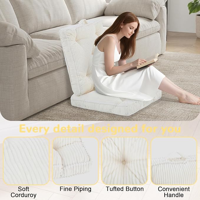 Meditation Floor Cushion, 24x24 Tufted Floor Pillow for Adults, Square Large Meditation Cushion Pillow, Corduroy Sitting with Handle, Yoga Seating for Tatami, Beige, 1Pack