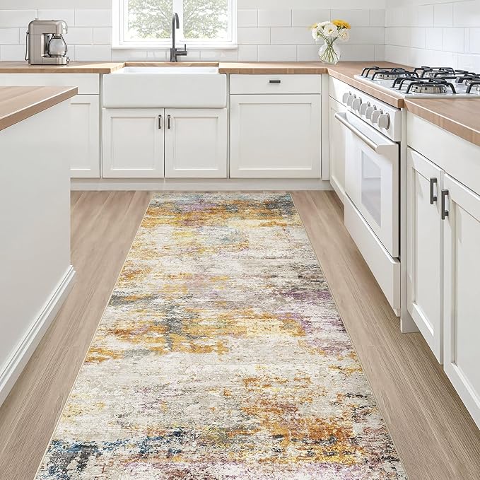 Runner Rug Kitchen Washable Rugs: 2x5 Non-Slip Abstract Soft Modern Stain Resistant Indoor Floor Neutral Accent Throw Carpet for Hallway Bathroom Laundry Room Entryway Bedroom- Gold Colorful