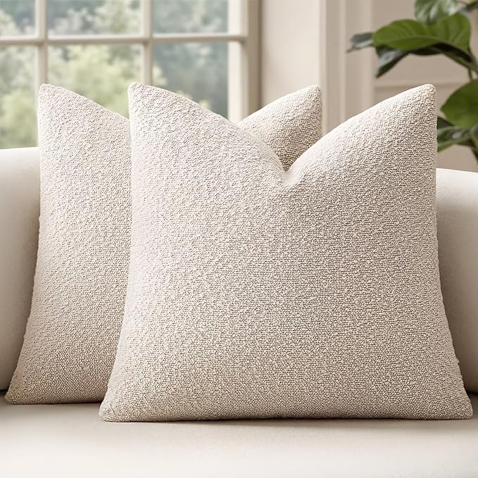MIULEE 24x24 Inch Decorative Euro Sham Pillow Covers for Couch Bed Set of 2 Textured Boucle Neutral Throw Pillow Covers Natural Beige Ivory Accent Solid Pillowcases Sofa Living Room Home Decor