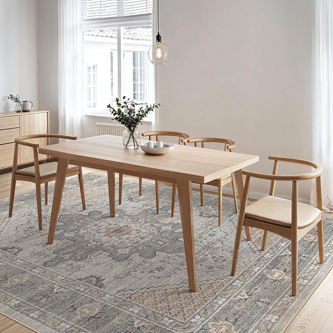 Tortania Area Rug Living Room Rugs - 10x12 Washable Boho Rug Vintage Oriental Distressed Farmhouse Large Thin Indoor Carpet for Living Room Bedroom Under Dining Table Home Office - Brown Gray