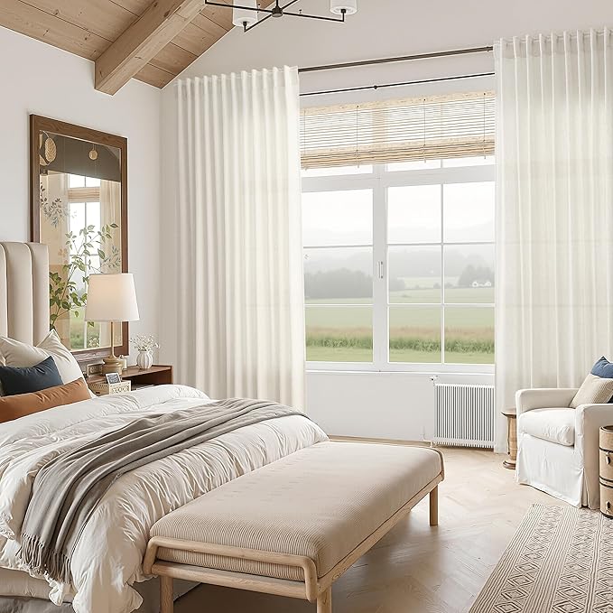 Nanspring Natural Linen Curtains 96 Inches Long for Living Room Bedroom Rustic Light Filtering Curtains Back Tab and Rod Pocket Farmhouse Decor Curtain for Dinner Room Office 52x96, 2 Panels
