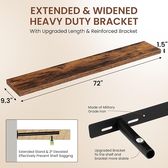 Dreamland 72 Inches Floating Shelves for Wall,9.3" Deep Long Floating Shelves Set of 1,Large Display & Storage Shelf,Wall Shelf for Bathroom Bedroom Living Room Kitchen Office,Rustic Brown