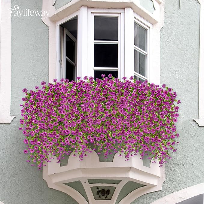 Artificial Hanging Flowers for Outdoors Spring Summer Decoration, 8PCS UV Resistant Silk Fake Hanging Plants for Patio Porch Front Yard Window Garden Indoor Decor(Purple,8PCS)