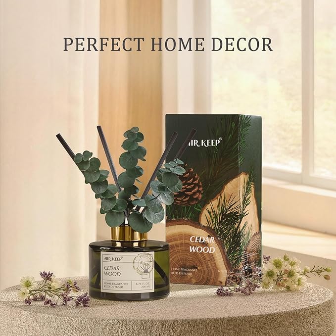 Airkeep Reed Diffuser Set with 6.76 fl oz Cedar Wood Scent Essential Oils and 3 Leaves & 8 Diffuser Sticks,Bathroom Shelf Decor & Air Freshener, House Bedroom Office Decor & Gifts