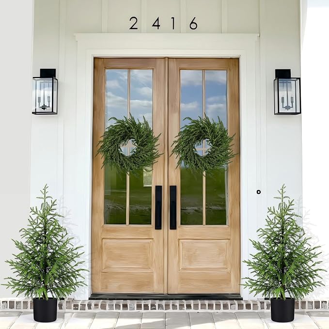 ENVEN Outdoor Artificial Topiary Cedar Tree Real Touch Faux Pine Evergreen Shrub Plant UV Resistant Greenery Tree with Pot Realistic Cypress Front Porch Decor (3FT-2Pack Nofolk Pine)