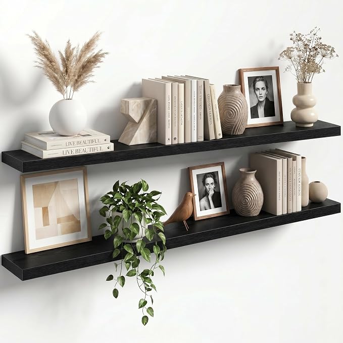 55" Floating Shelves for Wall, Set of 2, 8" Deep, 1.5" Thick, Black | Rustic Wood Wall Shelves with Invisible Brackets, Storage and Display for Bathroom, Bedroom, Living Room or Kitchen