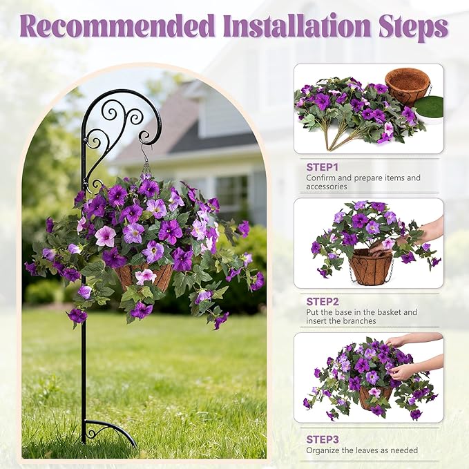 Artificial Petunia Flowers with Hanging Basket for Outdoors, 3 Pcs Fake Hanging Flowers UV Resistant Faux Silk Plants in Basket for Garden Porch Yard Patio Realistic Home Spring Decor(Double Purple)