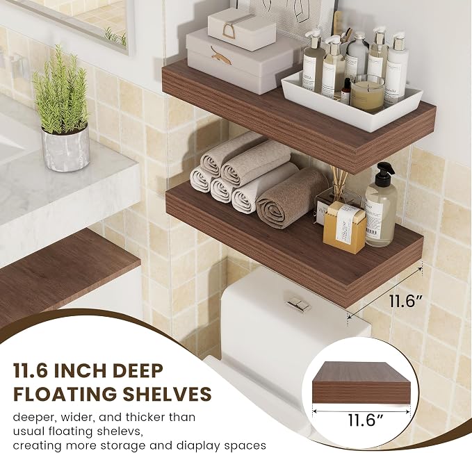 FLYJOE Deep Floating Shelves | 24 Inch Walnut Floating Shelves Set of 2 | 12 Inch Deep Rustic Wood Shelves for Wall | 24" W x 12" D Walnut Shelves for Living Room Bathroom Laundry Room Kitchen