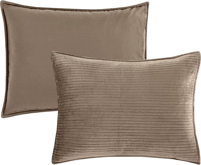 Elegant Comfort Luxury 3-Piece Velvet Corduroy Stripe Quilt Set, Ultra Soft Bedspread - Cozy Velvet Coverlet Set - 3PC Medium Weight Quilted Set with Matching Pillow Shams, Queen, Khaki