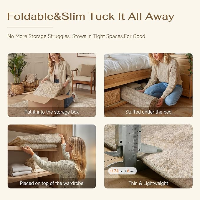 2x8 Washable Neutral Runner Rug Beige Vintage Hallway Kitchen Carpet Non-Slip Soft Low Pile Oriental Throw Rug for Bedroom Bathroom Laundry Living Room