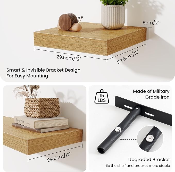 Fun Memories Floating Shelves for Wall 12 Inch, 12 Inch Deep Square Wall Shelves, Bathroom Storage Shelves Over Toilet, Wood Floating Shelves for Living Room Bedroom, Oak, Set of 2